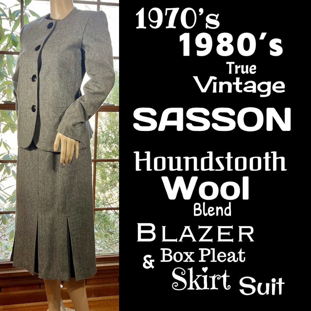 ▪️VTG▪️SASSON▪️Houndstooth Wool Blend Blazer Pleat Skirt Suit